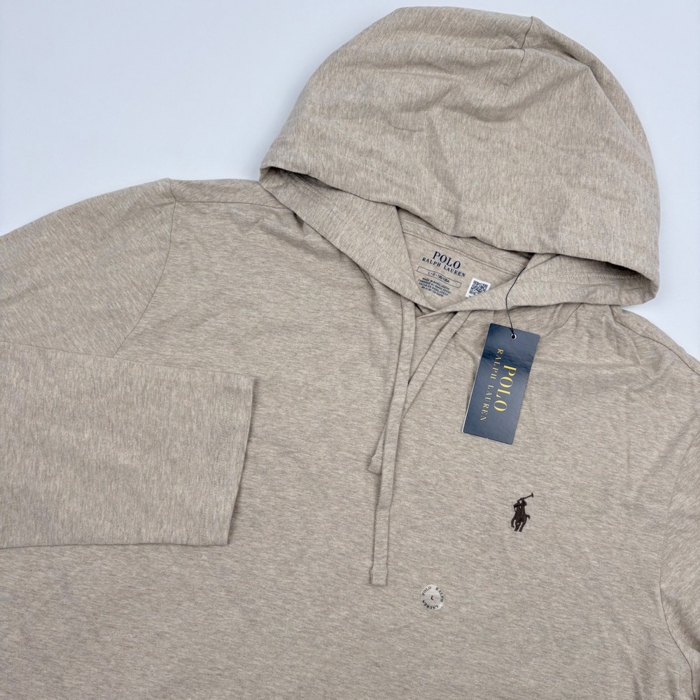 Polo Ralph Lauren Hoodie Men L Tan Heathered Cotton Jersey Pullover Basic